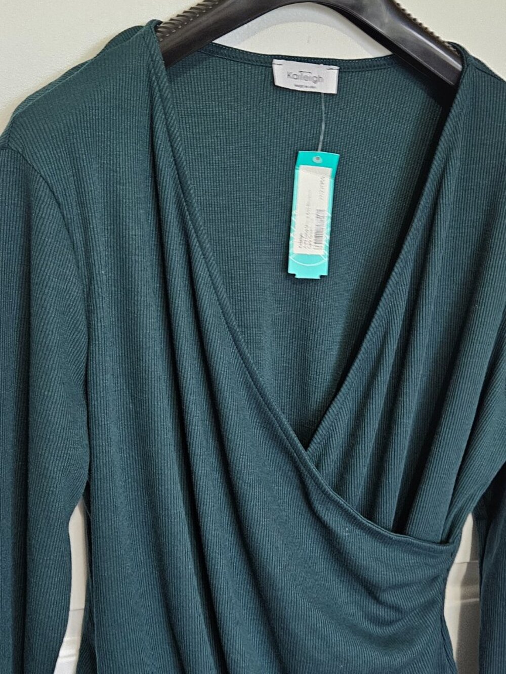 Kaileigh NWT Size 2X Avril Dark Green Ribbed Knit Long Sleeve Faux Wrap Bodysuit